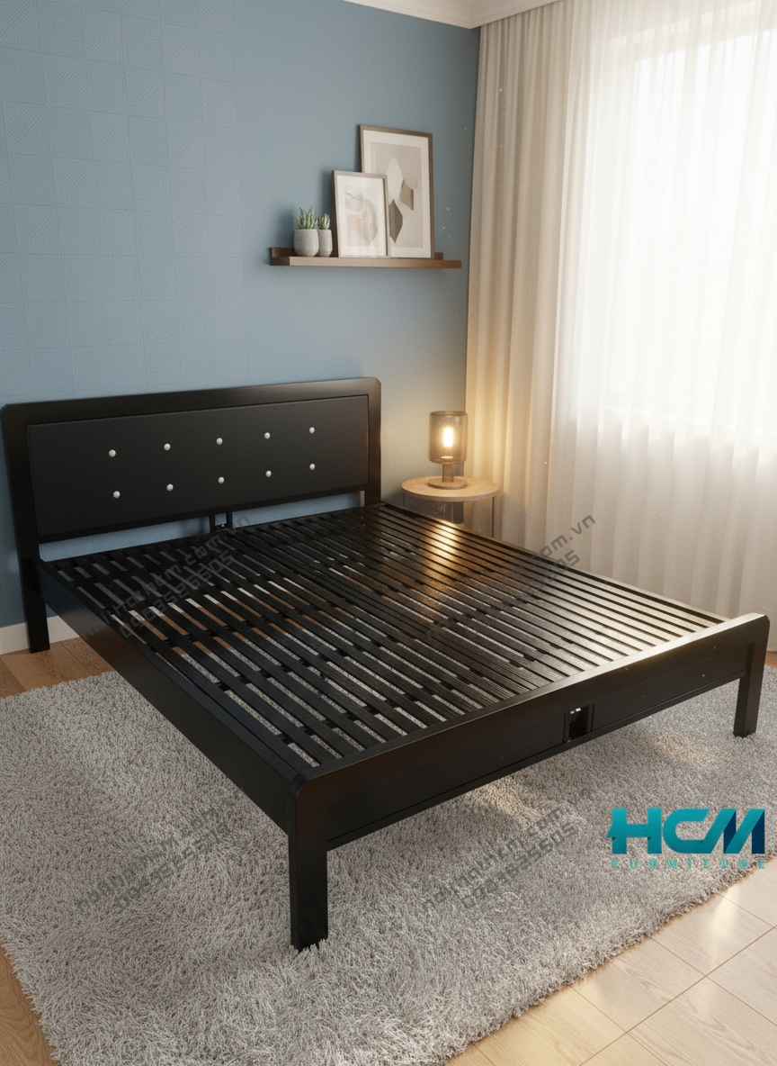Giường sắt giả gỗ màu đen – thiết kế tinh tế, khung sắt chắc chắn, sơn tĩnh điện bền đẹp Giường sắt giả gỗ màu đen – thiết kế tinh tế, khung sắt chắc chắn, sơn tĩnh điện bền đẹp